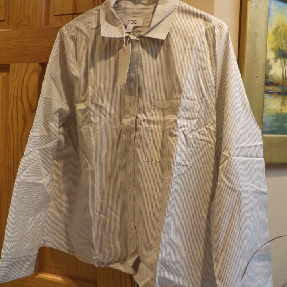 COS BUTTON DOWN BLOUSE~PINSTRIPED-Light Grey Green Pinstripes on White-Med NWT
